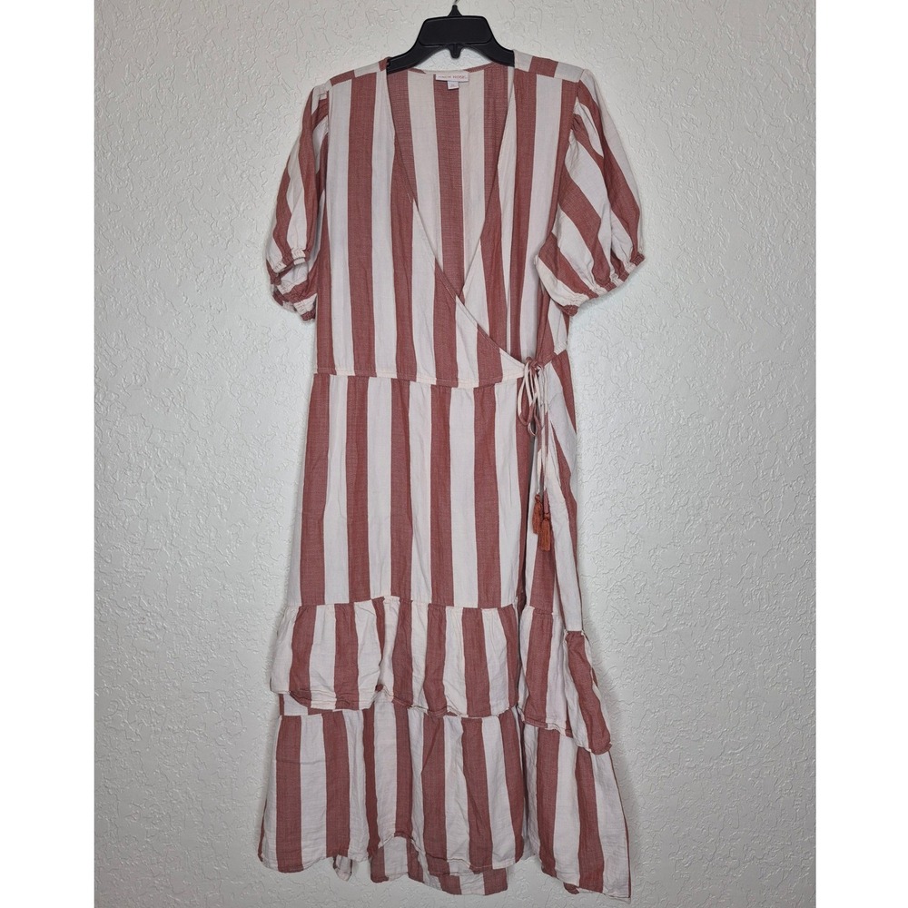 Knox Rose Striped Cotton Wrap Midi Dress Terracotta Cream XXL Boho Tassel Tiered